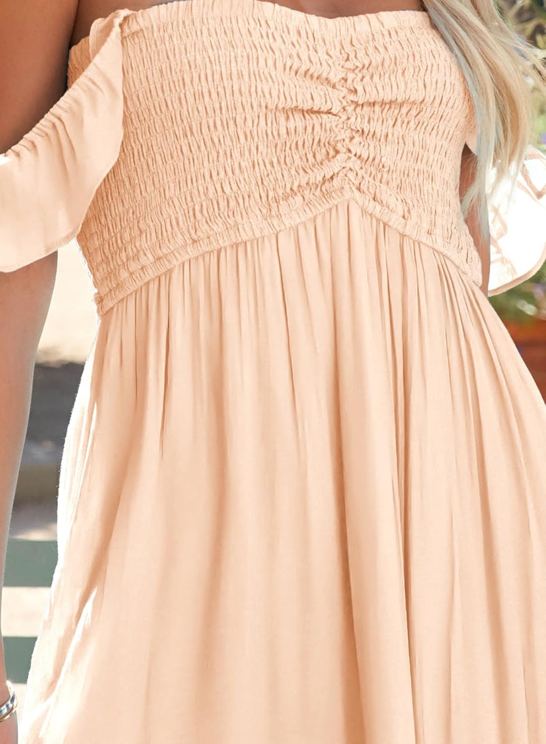 Happy Sailed Women's 2025 Summer Smocked Off The Shoulder Maxi Dresses Ruffle Short Sleeve A Line Side Slit Sundress - Image 5