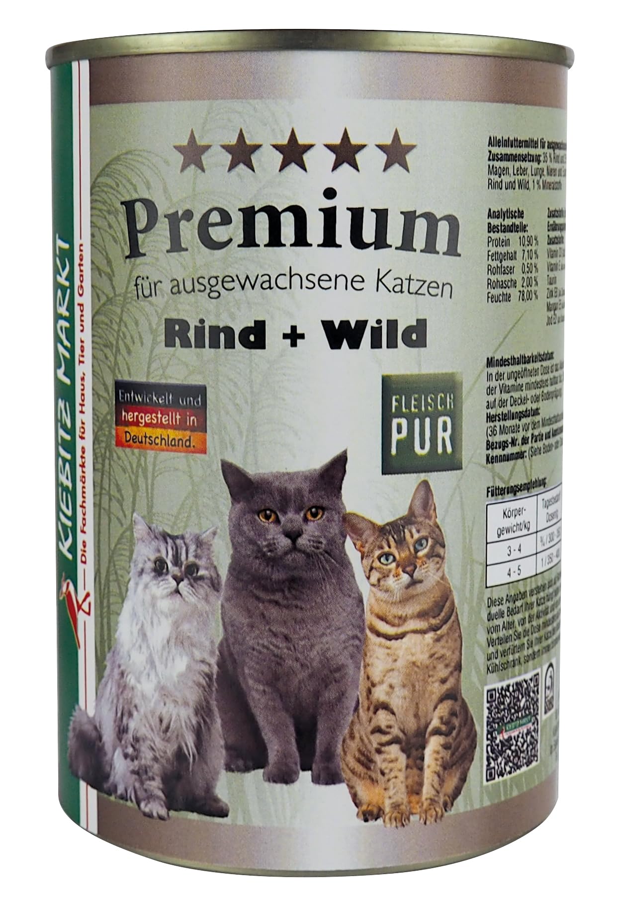Premium Katzenfutter Nassfutter Fleisch PUR (Rind-Wild, 12x400g)