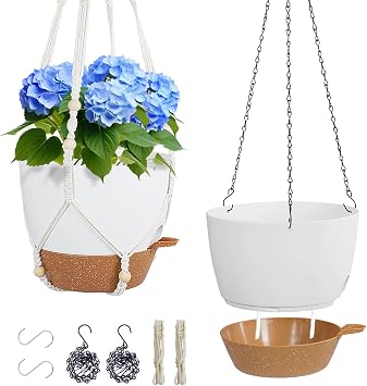 Meowell 10 inch Self Watering Hanging Planters, 2 Pack Hanging Baskets for Indoor Outdoor Plants, Hanging Flower Pots with Drainage Holes & 2 Kinds of Plant Hangers for Garden Home Decor, White Brown