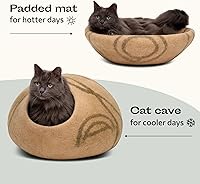 Vista 4 de MEOWFIA Cueva de gato – Cama de fieltro premium para gatos de interior, hecha a mano 100% lana merino, gato (Beige, Mediano)
