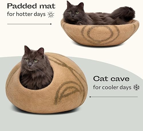 Miniatura 4 de MEOWFIA Cueva de gato – Cama de fieltro premium para gatos de interior, hecha a mano 100% lana merino, gato (Beige, Mediano)