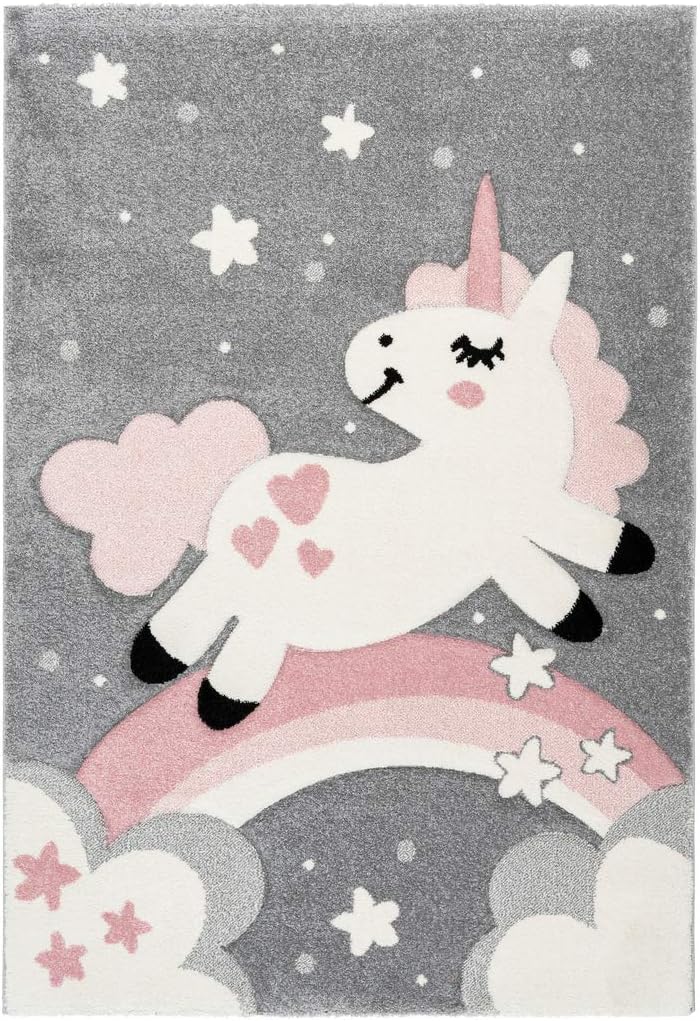 Kids Pink Rug Grey Nursery Cute Unicorn Design Soft Carpet Children Playroom Baby Bedroom Quality Play Mat (80x150cm (2'6"x5'0"))