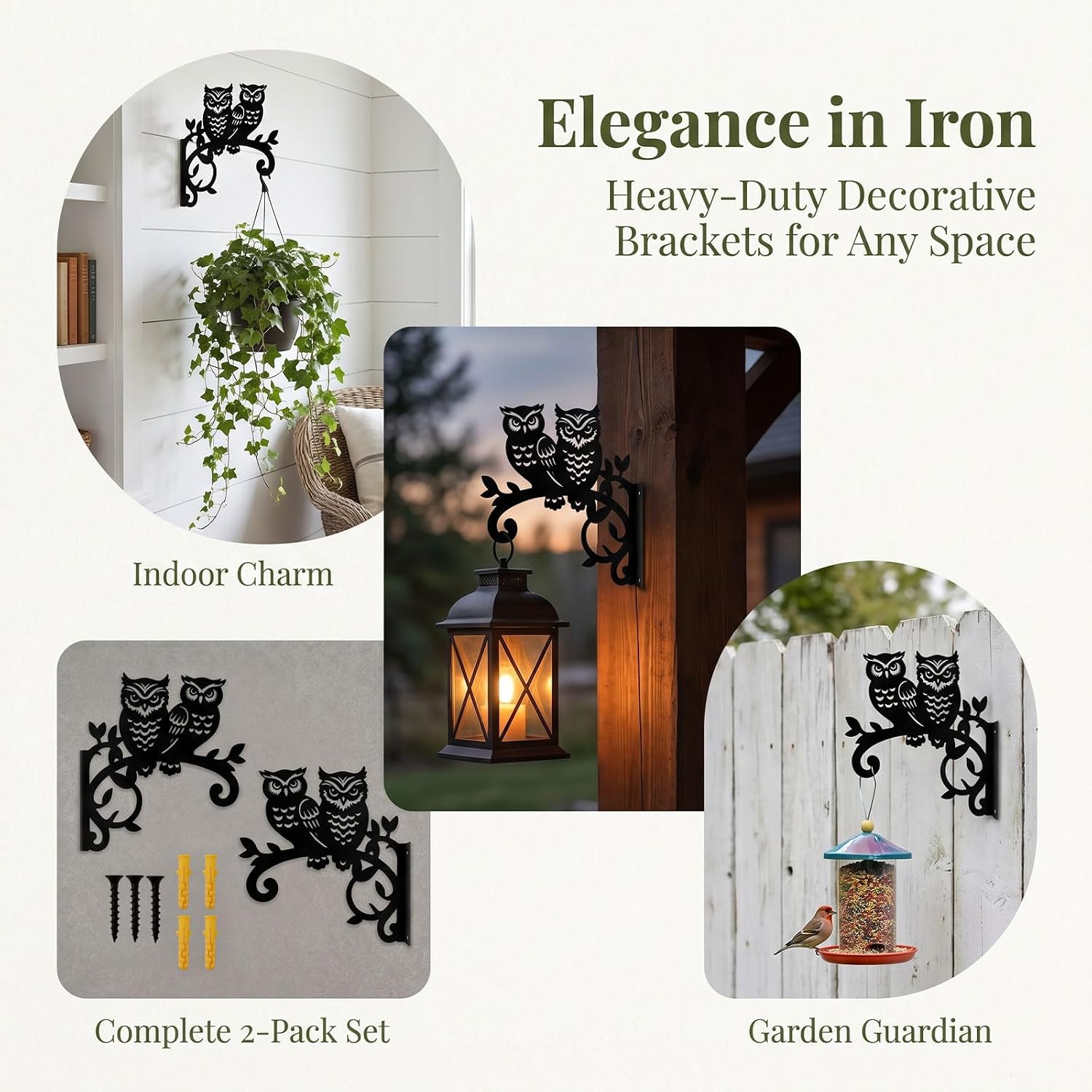 AIM & GGKK Owl Plant Hooks, Metal Decorative Garden Wall Hanger | Owl silhouette metal plant hooks, laser cut weatherproof, holds plants/feeders/lanterns, fits garden patio yard