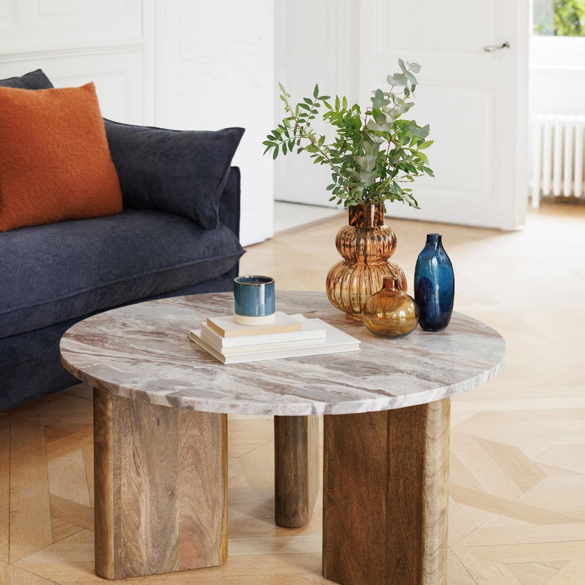 Atmosphera Créateur d'Intérieur - Table Basse Coppa en Marbre et Manguier - Table d'Appoint pour Chambre, Salon, Bureau - D92cm