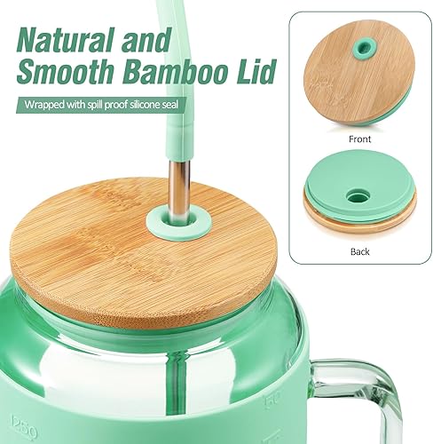 Miniatura 5 de Botellas de agua de vidrio de 50 onzas con funda de silicona, vaso de vidrio con tapa y popote, taza de café helado con asa, sin BPA, color verde