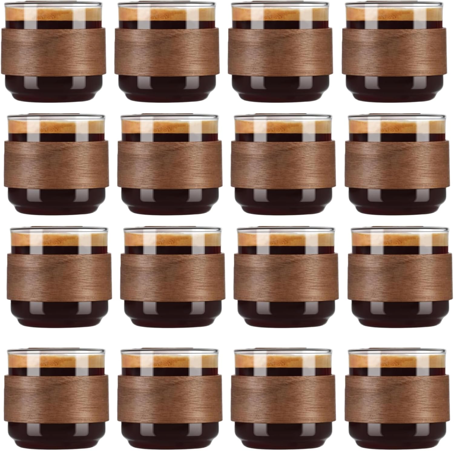 Reallnaive 16 Pieces 5 oz Espresso Cups with Wooden Ring High Borosilicate Espresso Shot Glass Small Glass Coffee Cups Coffee Accessories Enjoying Tea Latte for Office Cafes Home(Clear)