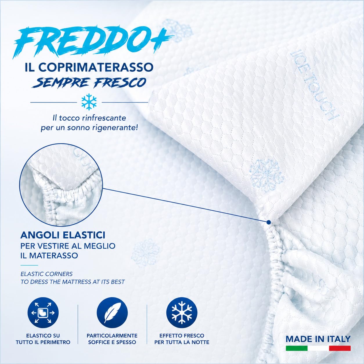 Coprimaterasso Rinfrescante Freddo+ Ice-Touch, Estivo, Termoregolatore, Traspirante, Anti-Umidità, Morbido, Elasticizzato - Singolo 80x200 cm H25