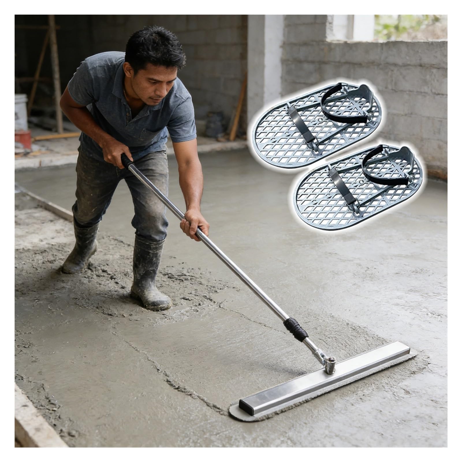 Kit de flotador de hormigón, paleta de acabado de acero inoxidable con rotación de 360° con varilla telescópica ajustable para alisar y pulir cemento