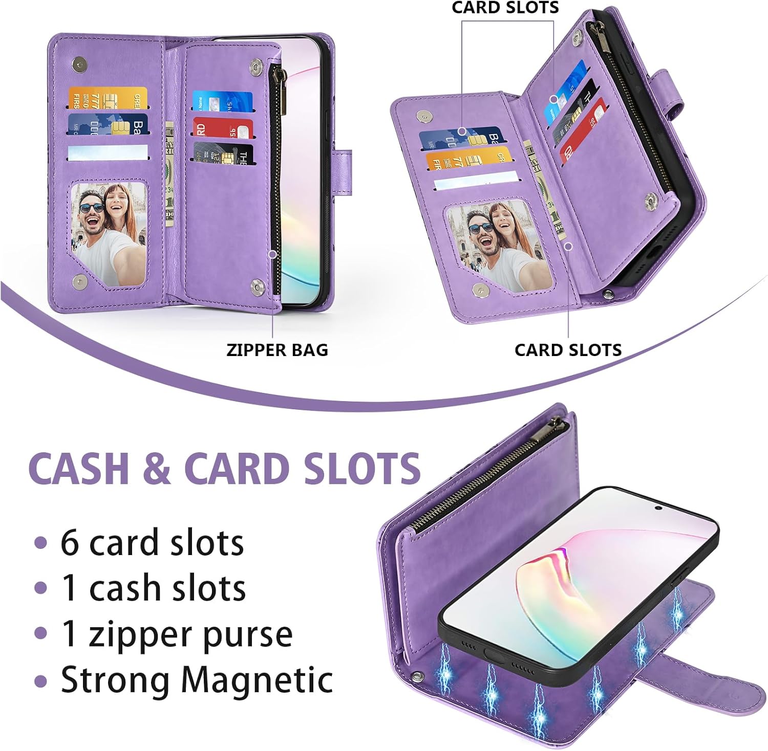 Asuwish Phone Case for Samsung Galaxy Note 10 Plus Note10+ 5G Zipper Wallet Cell Cover with Screen Protector Crossbody Strap Flower Card Holder Note10 + Notes 10+ Ten Not S10 10Plus Women Girls Purple