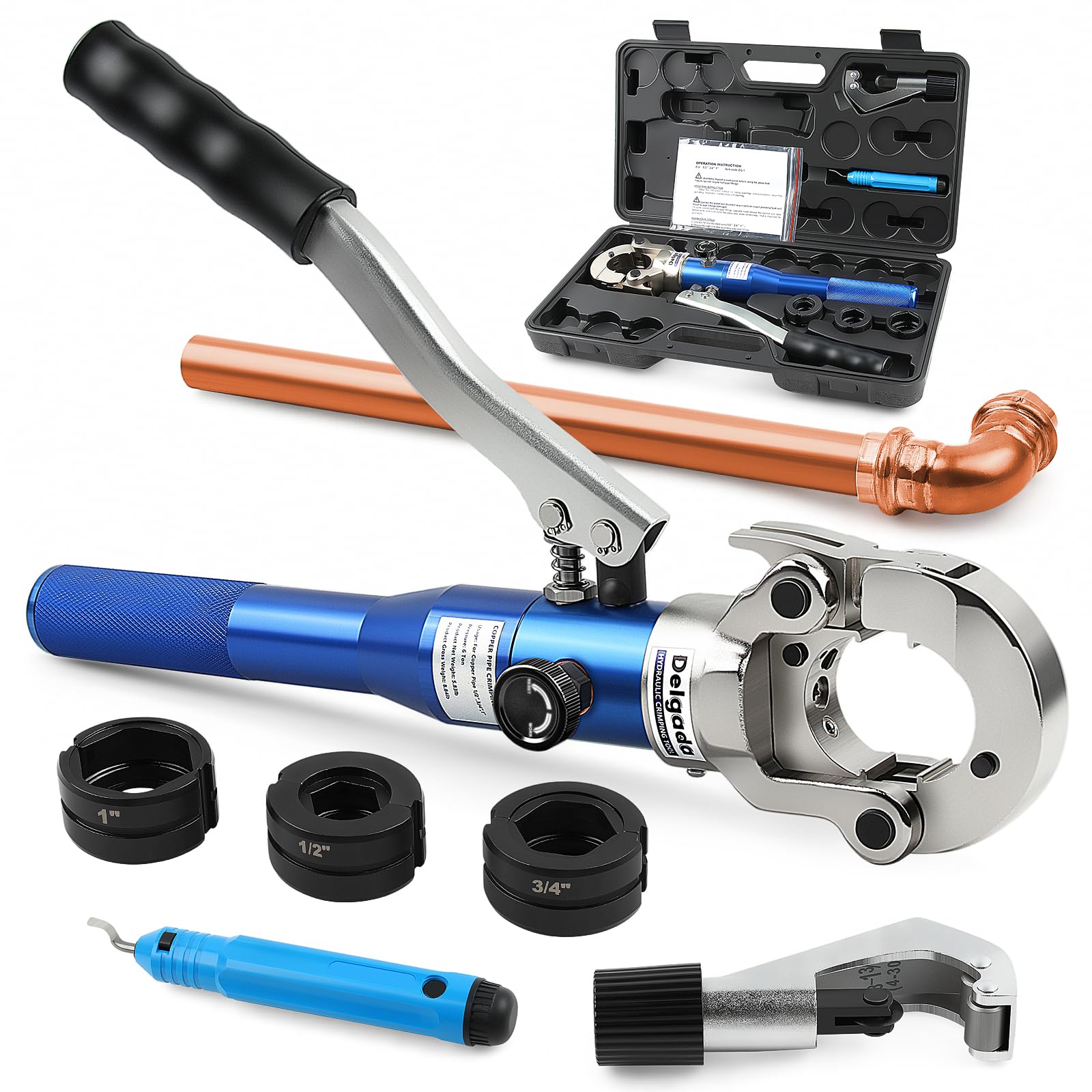 Delgada Copper Propress Tool Hydraulic Copper Pipe Crimping Tool with 1/2" 3/4" 1" Jaws, Pipe Cutter and Deburring Tool, for Plumbing Narrow Space and
