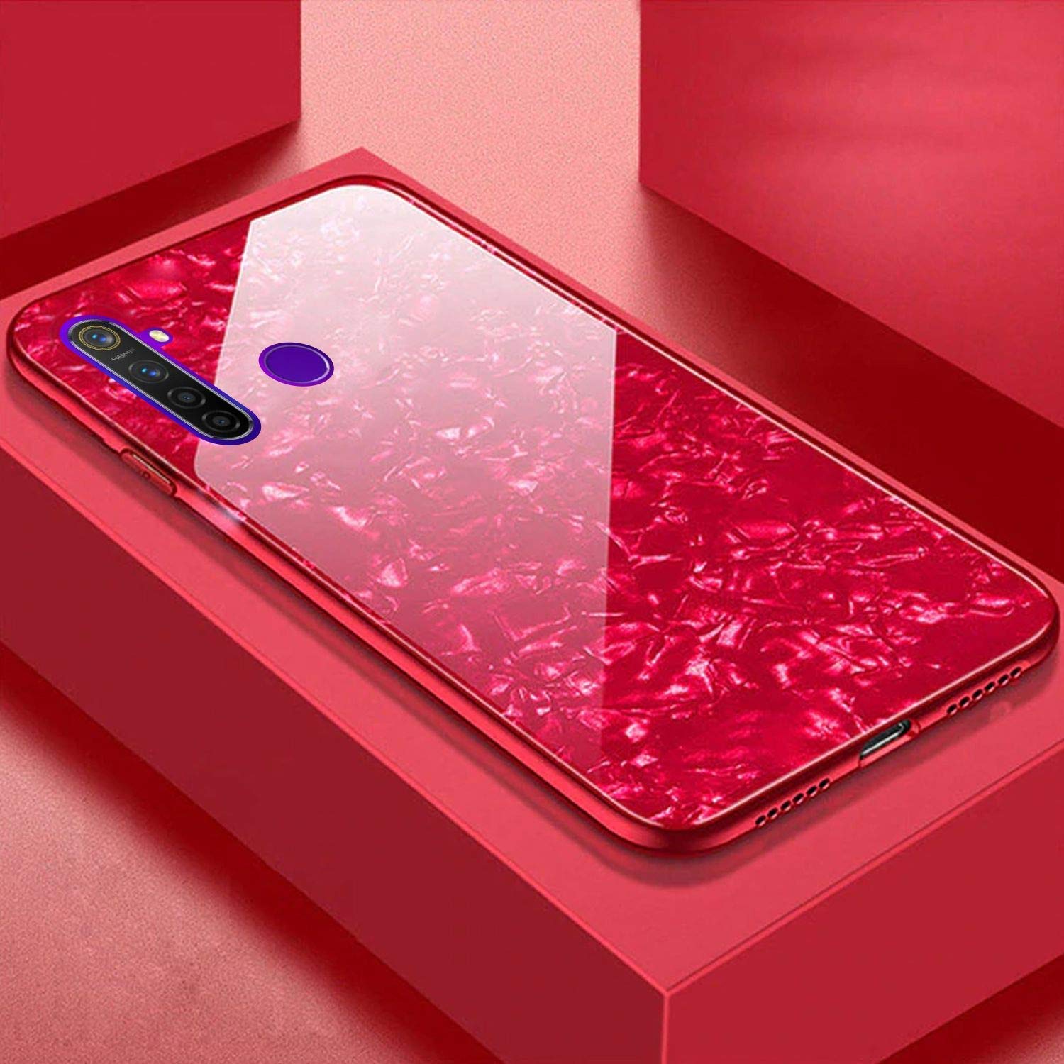 Jotech® Luxurious Toughened Marble Glass Back Case with Shockproof TPU  Bumper Back Case Cover for Realme Realme 5s (Red)