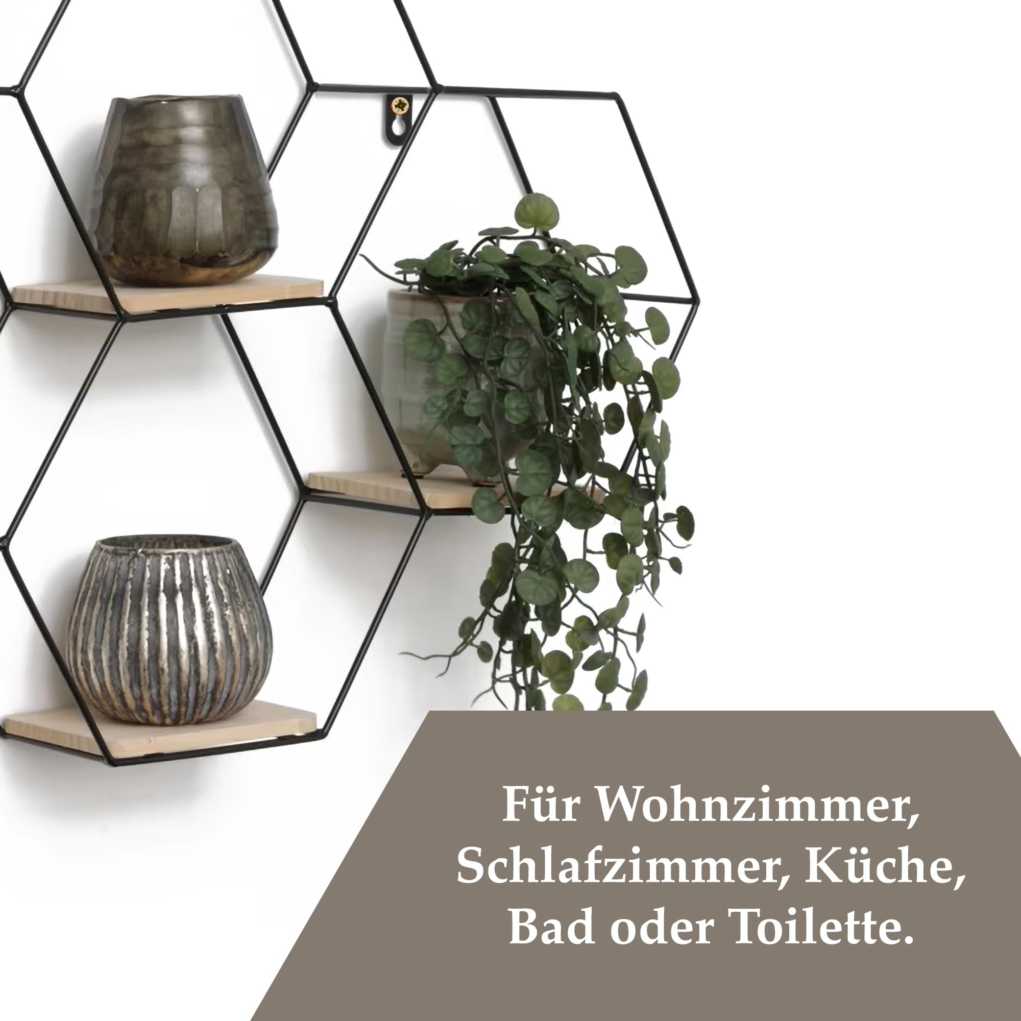 Vivol IVOL Waben Wandregal Schwarz 40,5x58 cm, Hexagon Metall Wandregal mit 4 Holzböden, hängendes Dekoregal, modernes Wohnzimmer Regal für Wanddeko, Schlafzimmer, Flur, Büro & stilvolle Deko