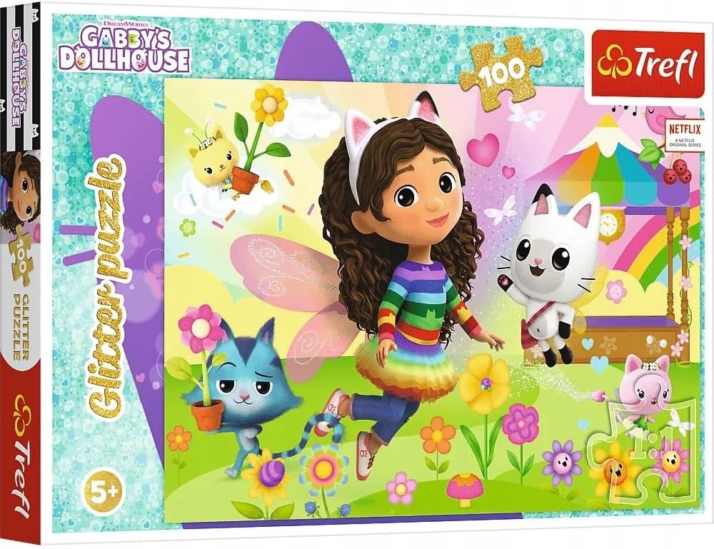 Trefl - Glitter Jigsaw Puzzle: Gabbys's Dollhous, Gabby Shiny Glitter - 100 Piece Glitter Puzzle - Glitter Puzzle with Cartoon Characters, Leisure for Children Aged 5 and Up