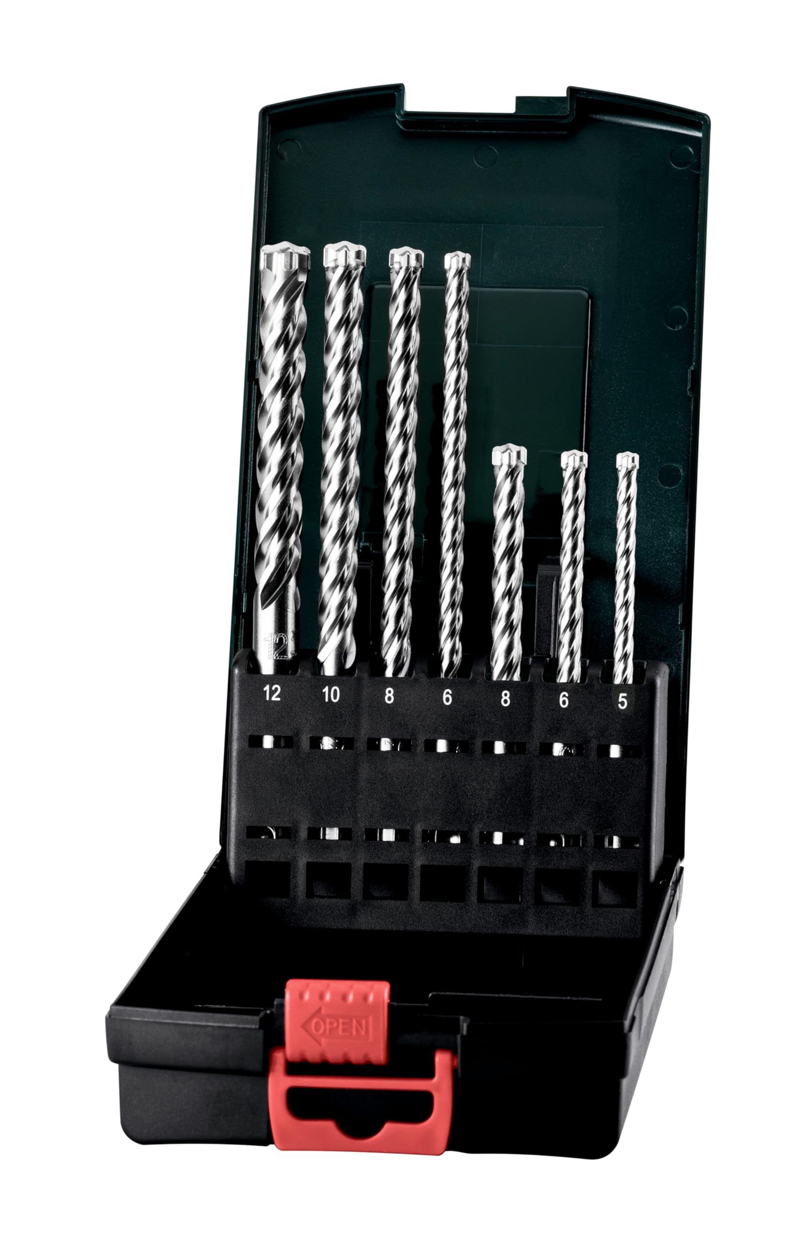 Metabo 626245000 626245000-Estuche de Brocas SDS-Plus Pro 4" Premium, Ø 5 x 115 mm 6 x 115 mm 8 x 115 mm 6 x 165 mm 8 x 165 mm 10 x 165 mm 12 x 160 mm, Set de 7 Piezas
