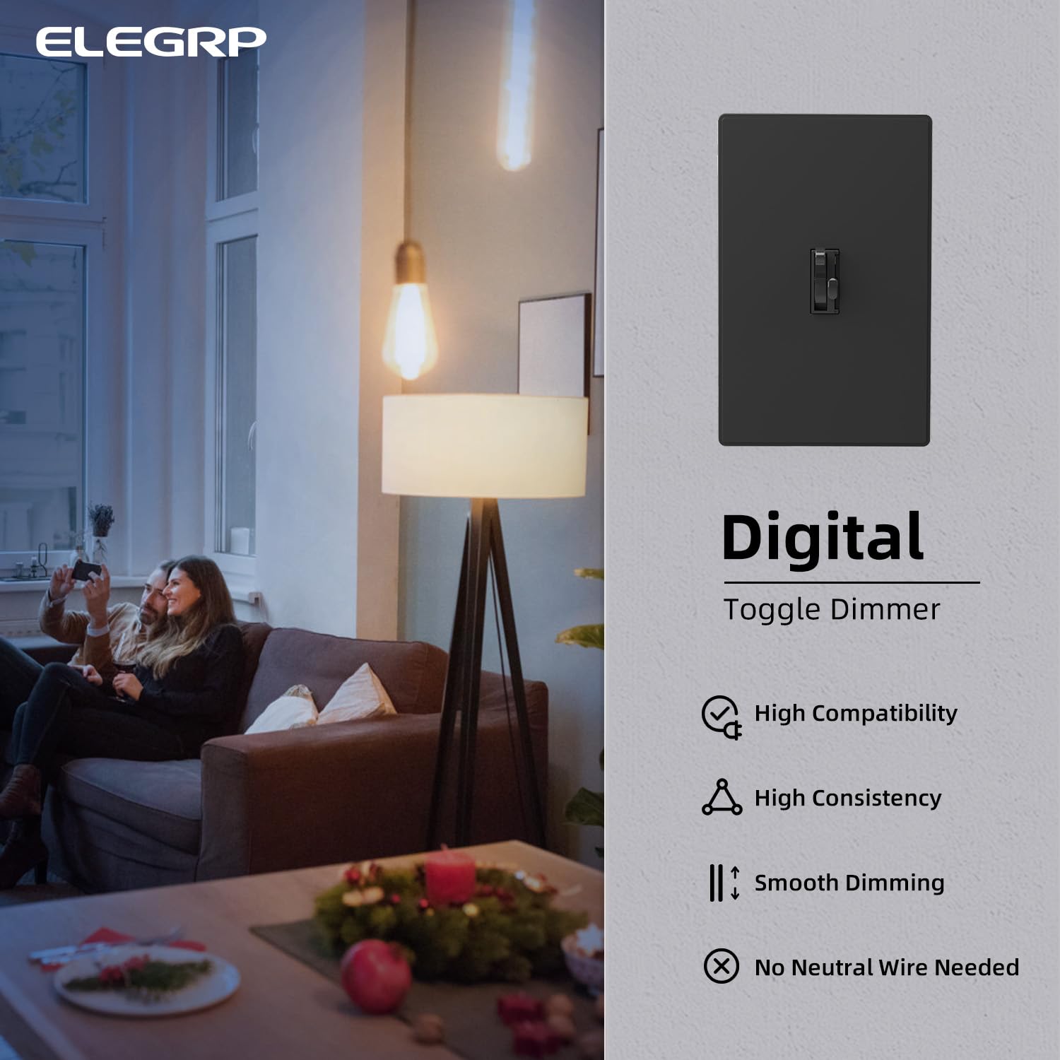 ELEGRP Digital Dimmer Switch for LED/CFL, Toggle Dimmer Switch with Decorative Frameless Design Wallplate, Single Pole/3-Way, UL Listed, 6 Pack, Black
