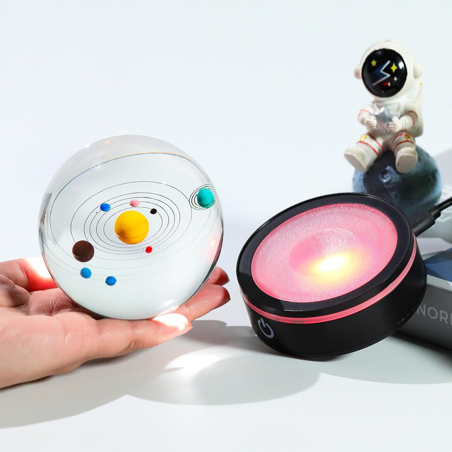 YWHL 3D Solar System Model Crystal Ball 80mm with Light Base, Planet Lamp Model Sphere Decor Space Astronomy Universe Gifts for Women Men Space Globe Physics Teacher Science Astronomy Enthusiast