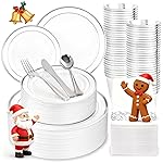 WDF 175PCS White and Silver Plastic Plates - Christmas Plastic Plates - 25Guests Silver Disposable Dinnerware Sets for Wedding/Birthday/Christmas/Holiday