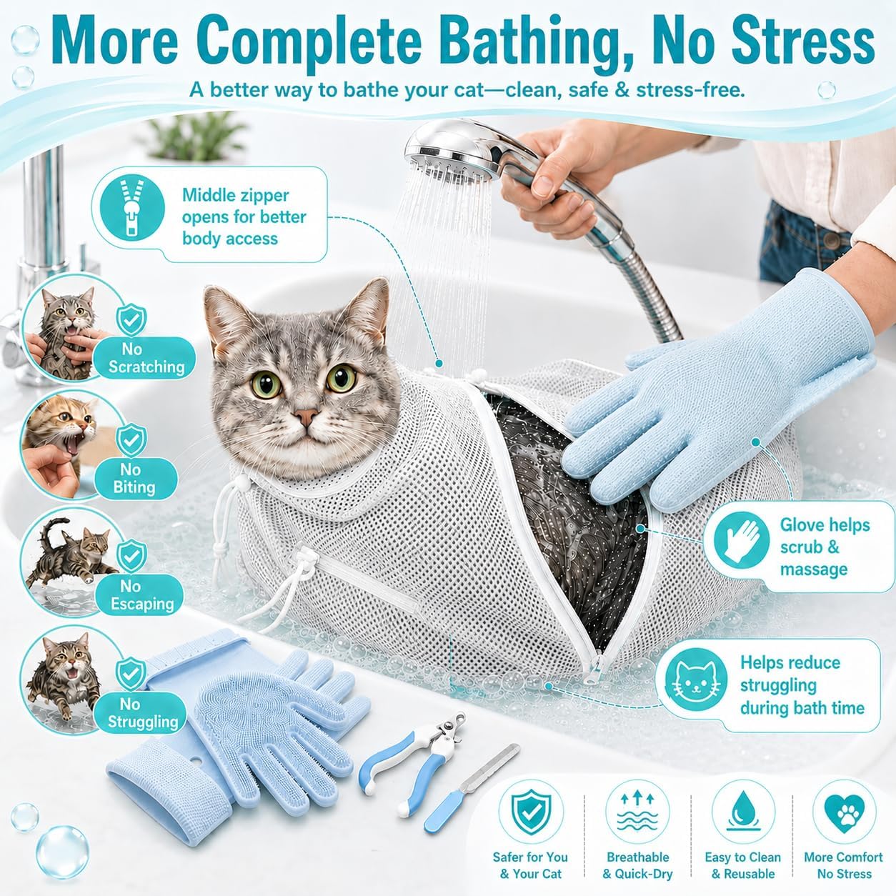 Cat Bathing Set with Pet Grooming Gloves for Cat Grooming, Upgraded Breathable Cat Bag for Bath with Openable Zipper and Reinforced Handle, Cat Washing Set with Nail Clipper File (Gray) image 2
