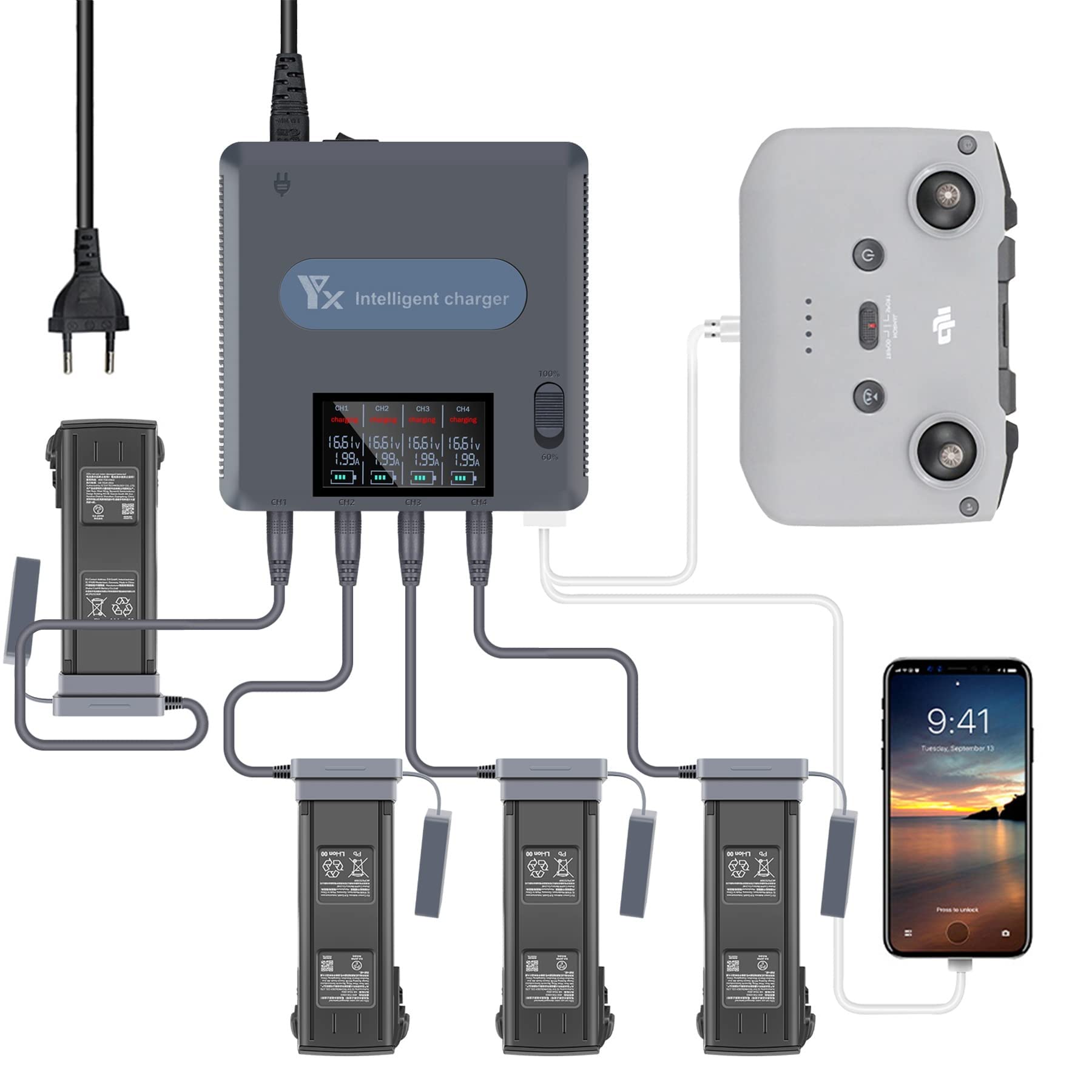 Chargeur Intelligent Hub Station de Charge Écran LCD 6 en 1 Double Mode pour DJI Mavic 3 Drone