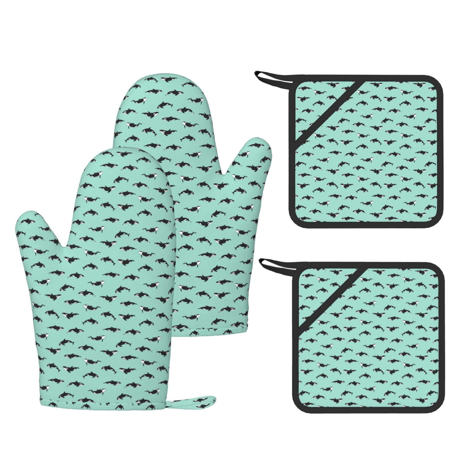 Pacific Ocean whale Stylish Printed Kitchen Set Including Heat Resistant Gloves and Non-Slip Hot Pads for Cooking BBQ