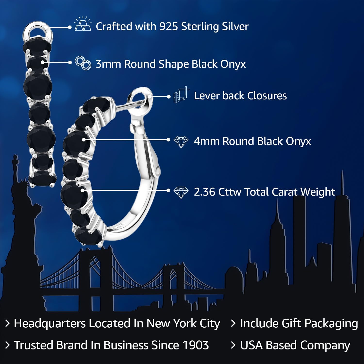 Gem Stone King 2.36 Cttw Black Onyx Hoop Earrings For Women | 925 Sterling Silver | Gemstone December Birthstone | Round 4MM and 3MM | Fine Jewelry Gifts for Her Mom Women Wife