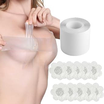 EMOET Transparent Breast Lift Tape and 10 Pcs Lace Petal Backless Nipple Cover Set,Fashion Medical Athletic Body Boop Push Up bob Tape Invisible boobtape Bra for Big Breas and Women Dresses or Clothes
