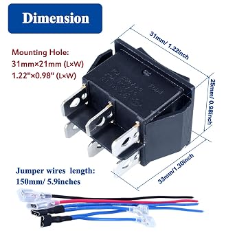 2Pcs Polarity Reversing Rocker Switch,DPDT 6-pin 3 Position (ON)-Off-(ON) Momentary Double Reset Rocker Toggle Switch with Jumper Wires Snap 12V 125V 250V 20A