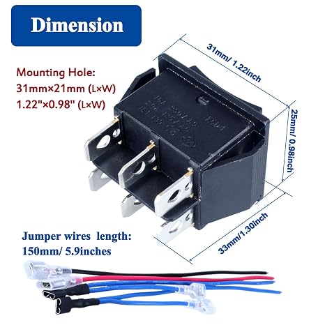 2Pcs Polarity Reversing Rocker Switch,DPDT 6-pin 3 Position (ON)-Off-(ON) Momentary Double Reset Rocker Toggle Switch with Jumper Wires Snap 12V 125V 250V 20A