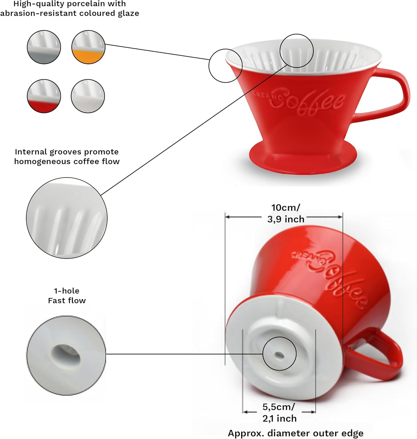 Creano Porcelain Coffee Dripper Saffron Yellow - Ceramic Cone Brewer - Pour Over Coffee Maker for Filter Bags Size 4 - Easy Manual Brew for pure taste - also for Camping, Hiking