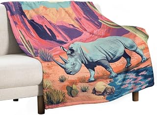 Rhinoceros Animal Throw Blanket, Desert Lake Palm Tree Leaf Fantasy Soft Cozy Warm Flannel Blankets for Sofa Couch Bed, 40x50 Inch