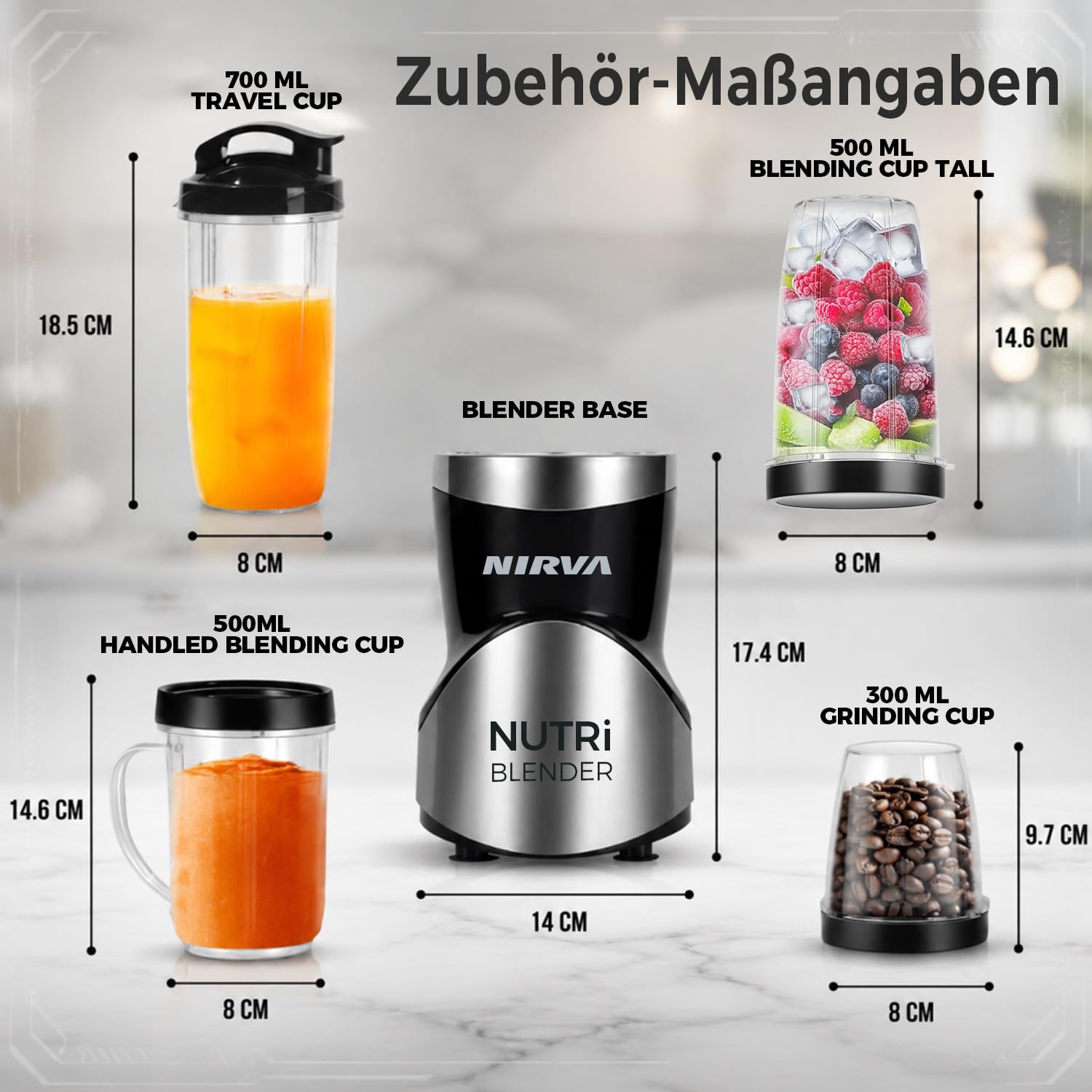Nirva 4 in 1 Mini Mixer, Smoothie Maker mit 4 Tragbare, Mixbechern Zweiblatt und Vierblatt Edelstahlklingen,Blender elektrisch für Shake, Multifunktionsmixer für Ice, Obst, Gemüse, Nüsse