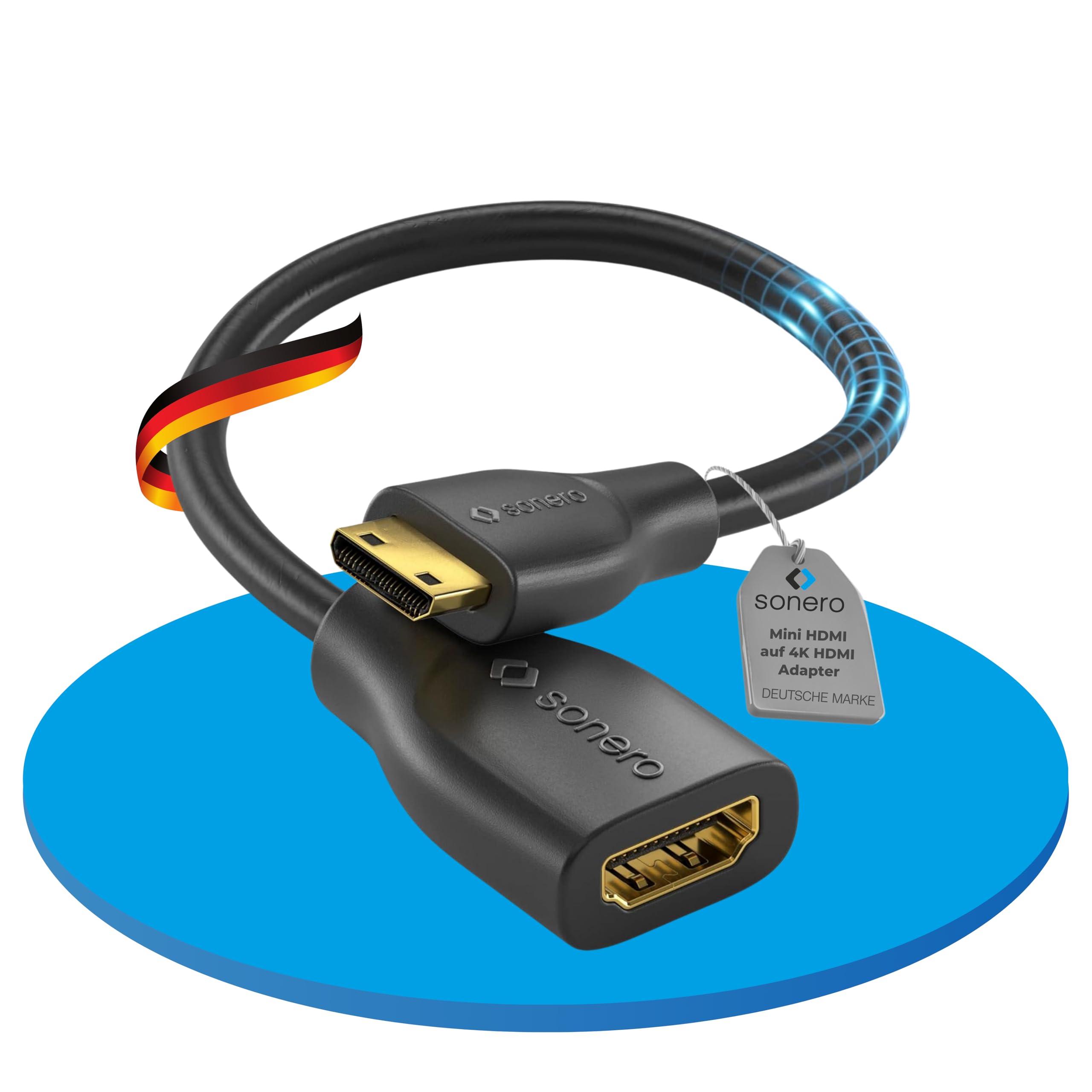 Sonero® Adattatore salvaporta Sonero® da Mini HDMI a 4K HDMI, Premium High Speed, connettore Mini HDMI C a presa HDMI A, contatti dorati, doppia schermatura, guaina in PVC, 0,15 m