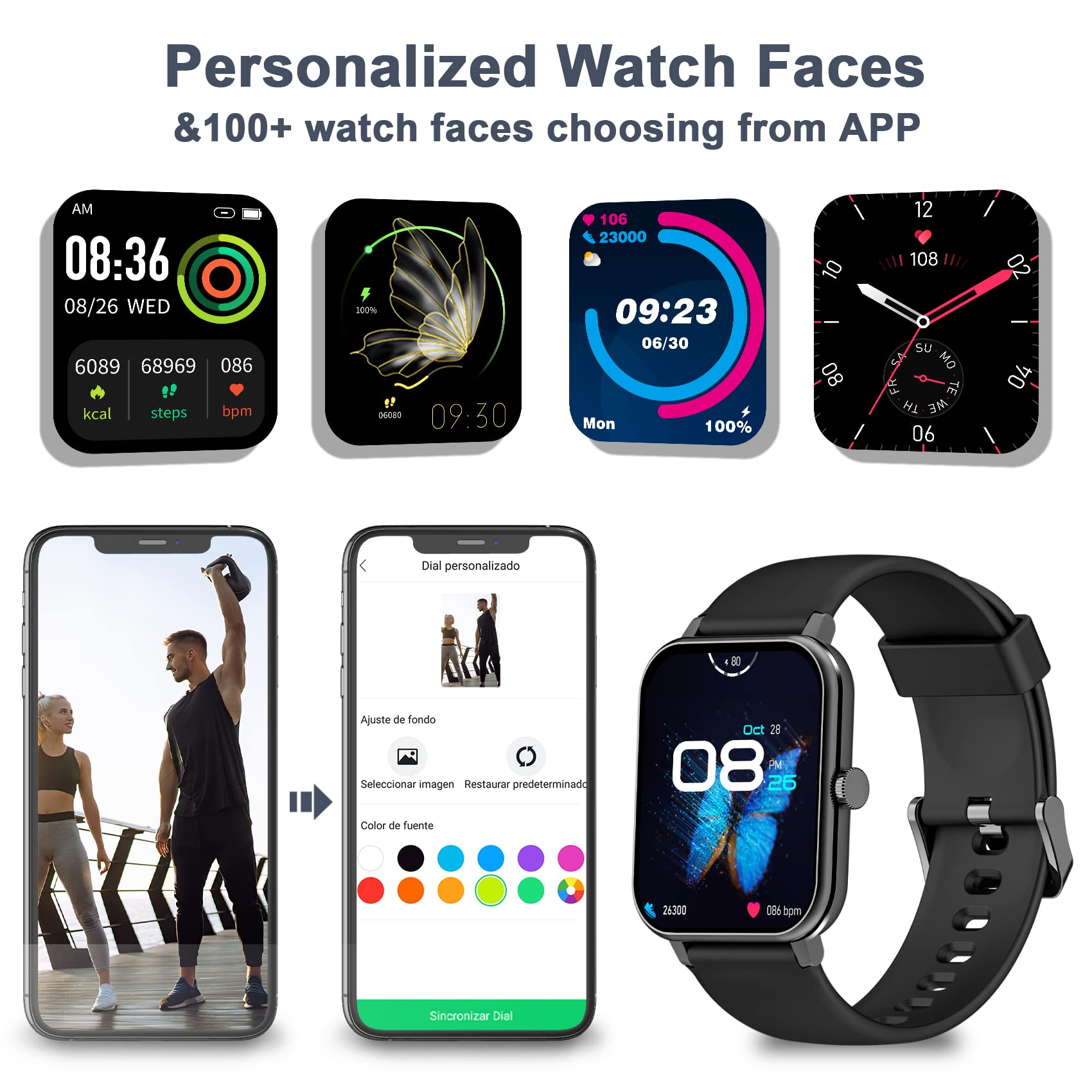 Wodoodporny zegarek sportowy IP68 dla kobiet, 4,69 cala z saturymetrem (SpO2), pulsometr, krokomierz, pogoda, temperatura ciała, fitness tracker do Android iOS, 2 paski