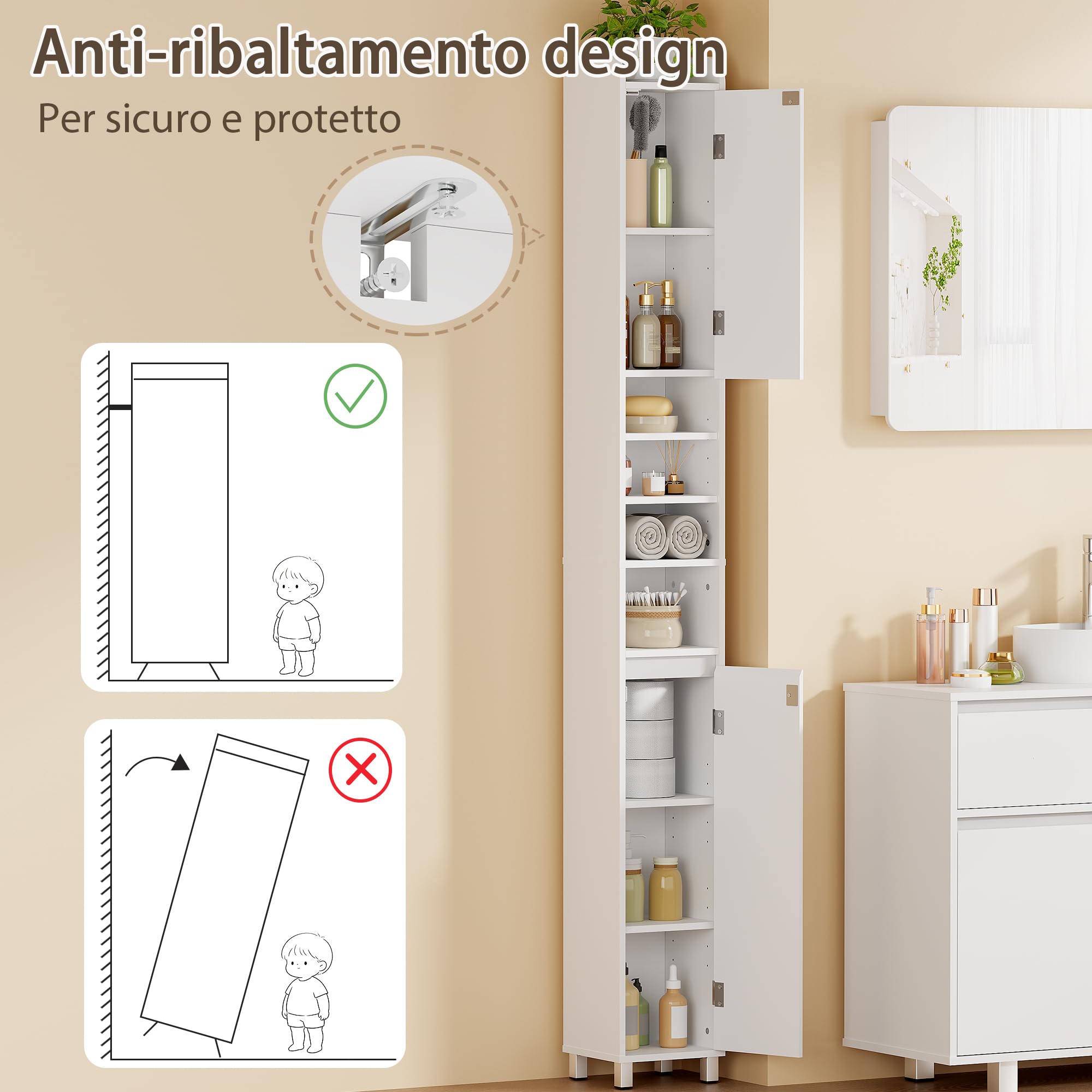 BEWISHOME Mobile Bagno Alto Stretto Mobiletto Bagno Salvaspazio 20x20x180cm | Mobiletto con Ripiani Aperti Cassetto e Ripiano Regolabile Armadietto per Piccoli larghi