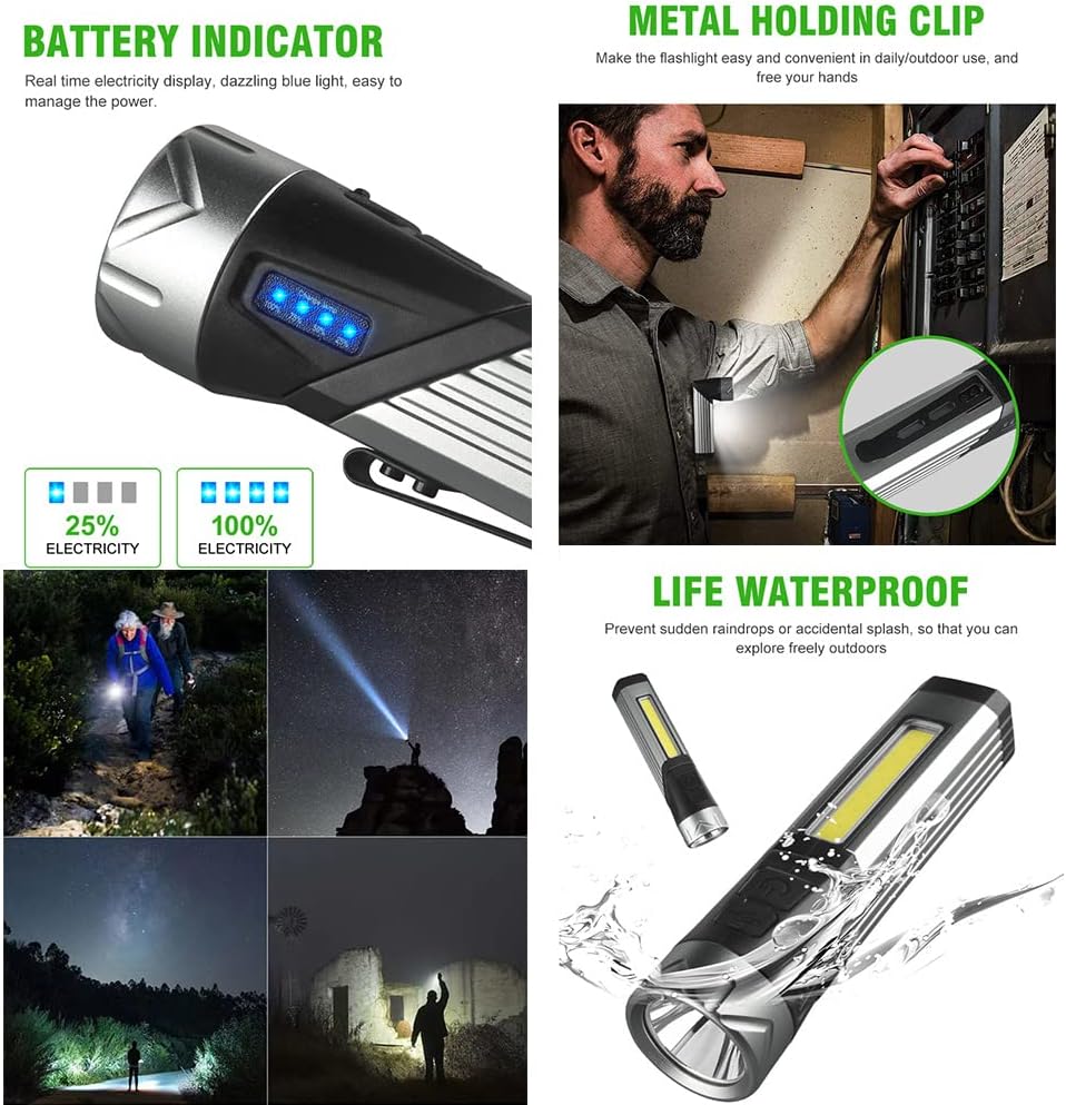 Rechargeable Mag Lights Flashlight - 90 Degree, IP65 Waterproof, Clip On Work Light for Outdoor, Hiking