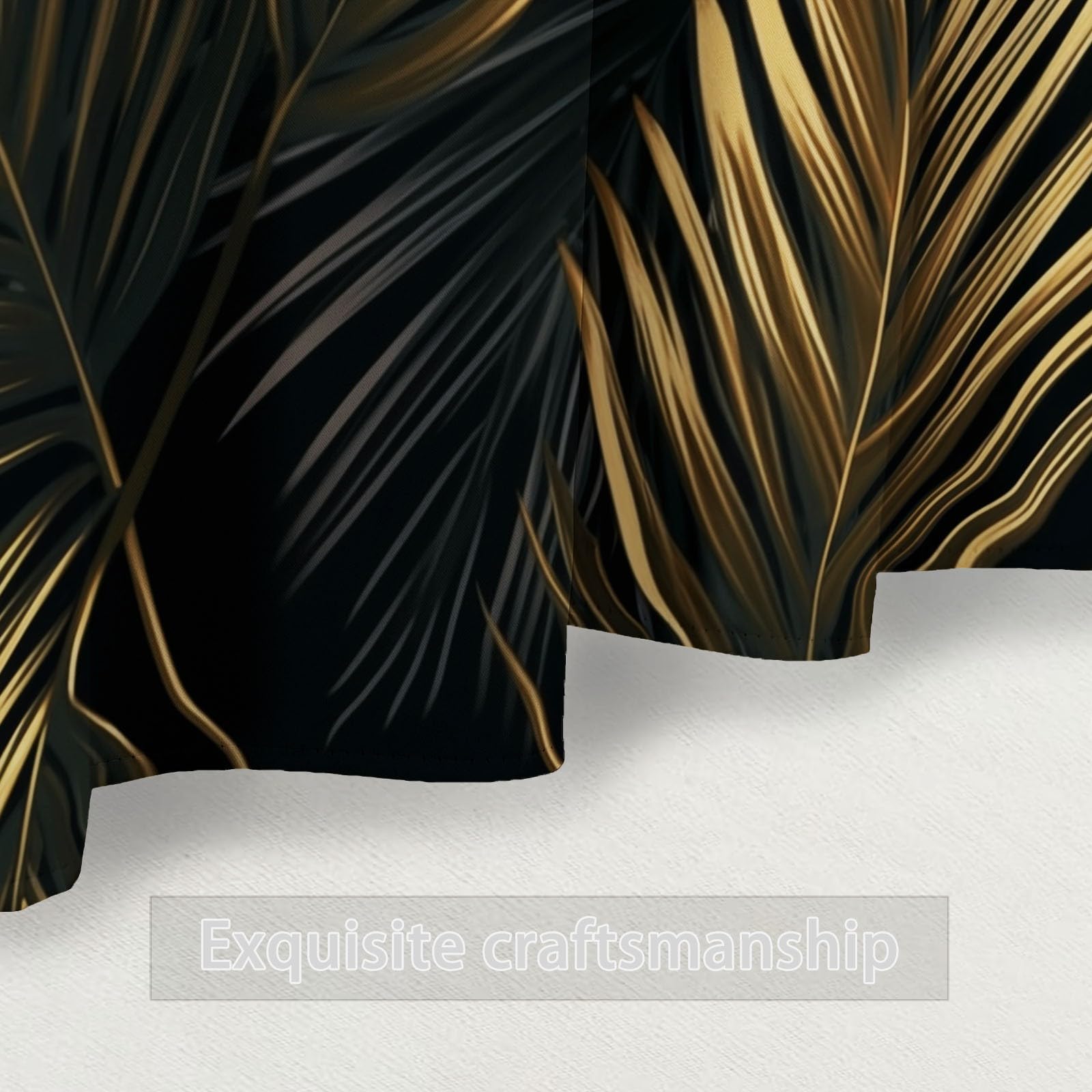 Wärmeisolierende Verdunkelungsvorhänge H166 x B75 cm (2er Set), Pflanzen Palmblätter, Schützende Ösenschals für schmale Fenster, Schwarz Gold