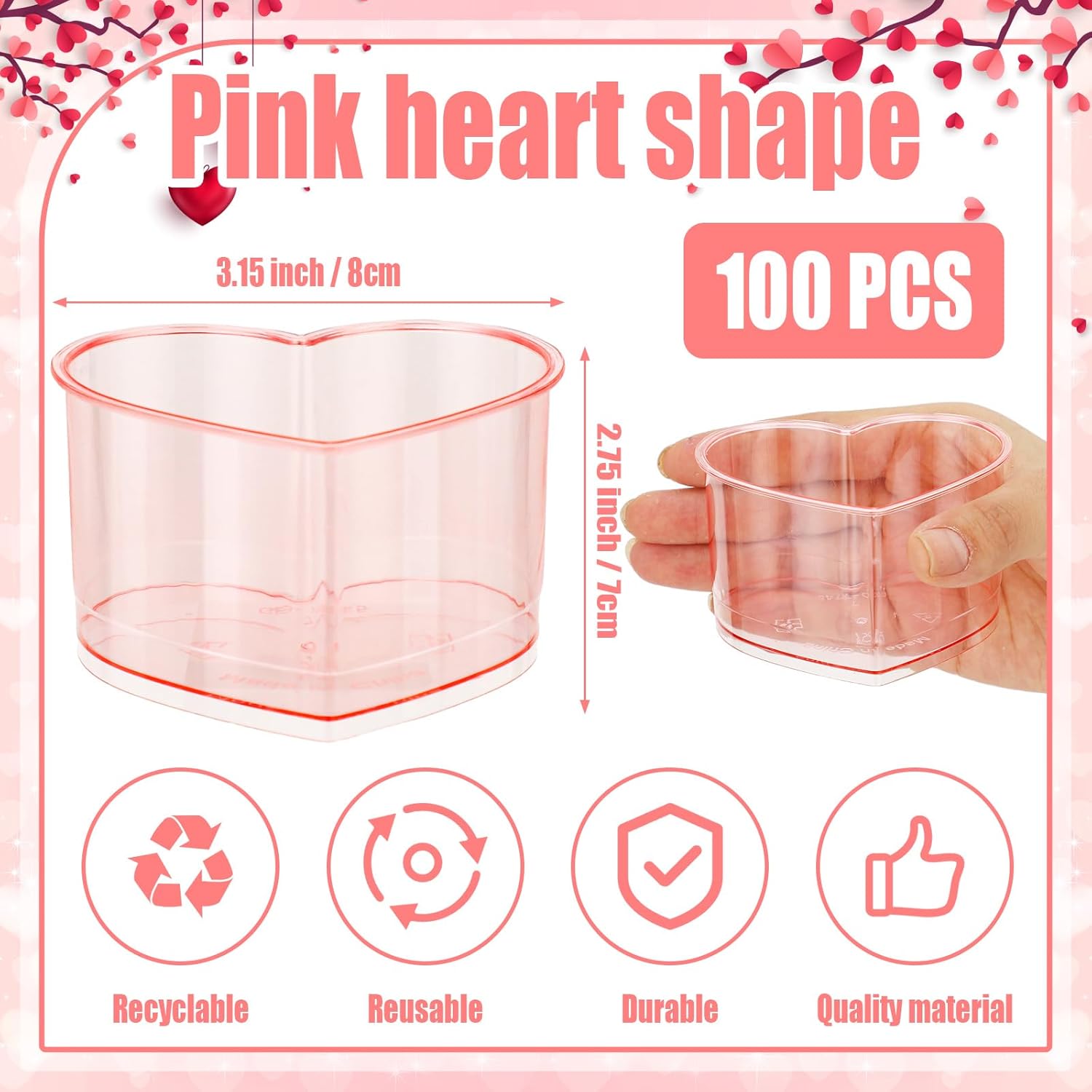 Domensi 100 Pcs Valentine's Day Heart Shaped Plastic Dessert Cups 5 oz Pink Mini Plastic Parfait Appetizer Cups Reusable Ice Cream Dessert Bowls for Wedding Bridal Shower Party Sundae Tasting Serving - Image 2
