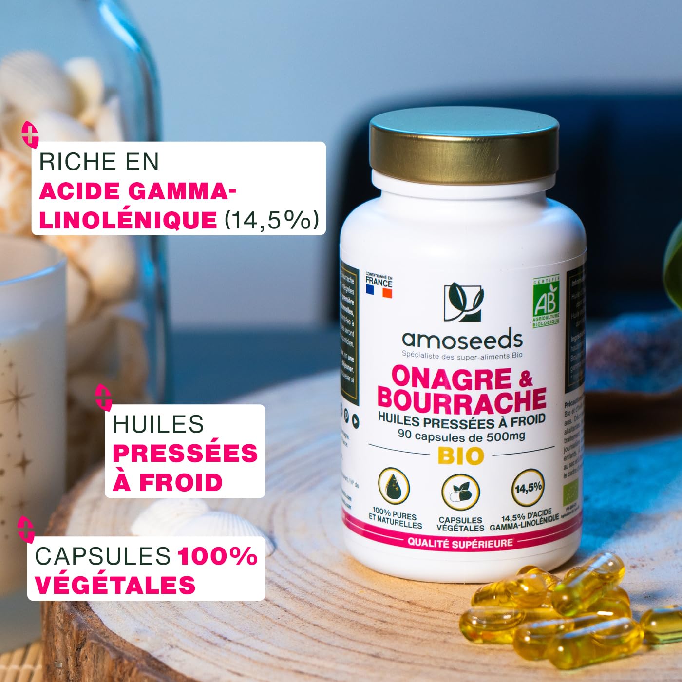 Huile d’Onagre et Bourrache BIO | Première pression à froid | 14,5% acide gamma-linoléique | 90 capsules végétales, vegan | Fabriqué en France | Qualité Supérieure