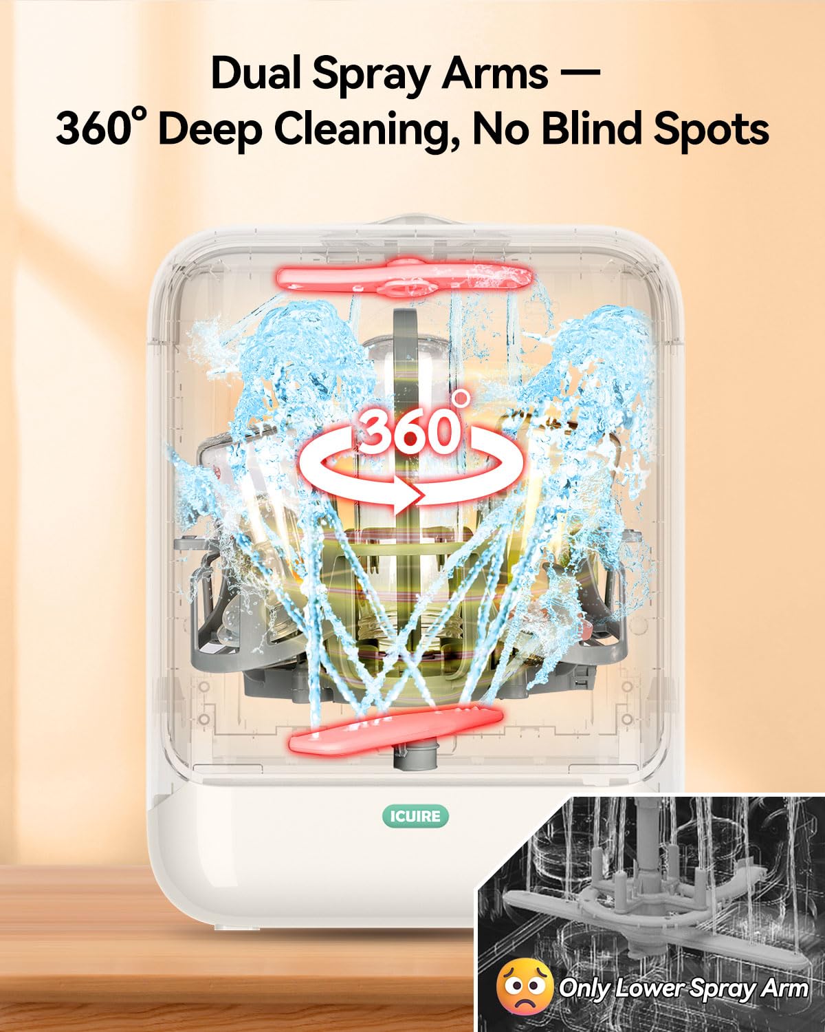 ICUIRE Baby Bottle Washer and Sterilizer and Dryer, 131-167°F High Temperature Sterilize for Baby Stuff, 3.2L Water Tank to Clean Bottles, Pump Part &Pacifiers&Bowl, Newborn Parents One-Hand Operation