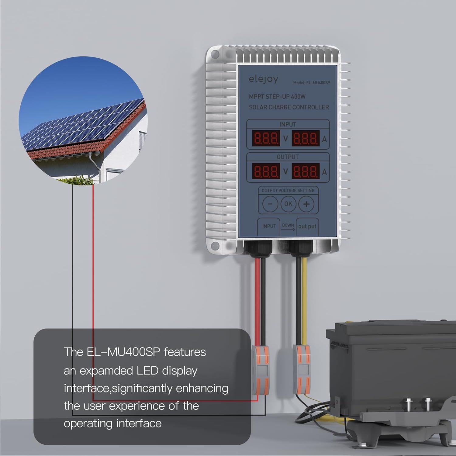 Wiring diagram showing a solar panel connected to the input of the elejoy MPPT Step-Up Solar Charge Controller EL-MU400SP, and the output connected to a battery.