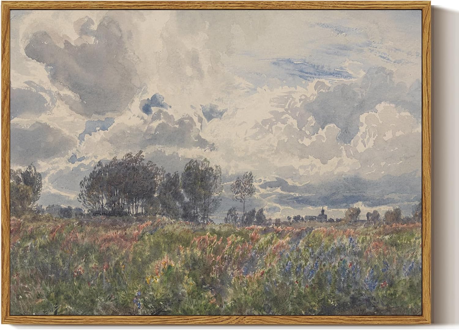 ARPEOTCY Lienzo enmarcado vintage, 12 x 16 pulgadas, acuarela, flores silvestres y cielo, arte de pared de paisaje retro para sala de estar,