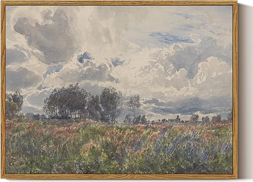 ARPEOTCY Lienzo enmarcado vintage, 12 x 16 pulgadas, acuarela, flores silvestres y cielo, arte de pared de paisaje retro para sala de estar,