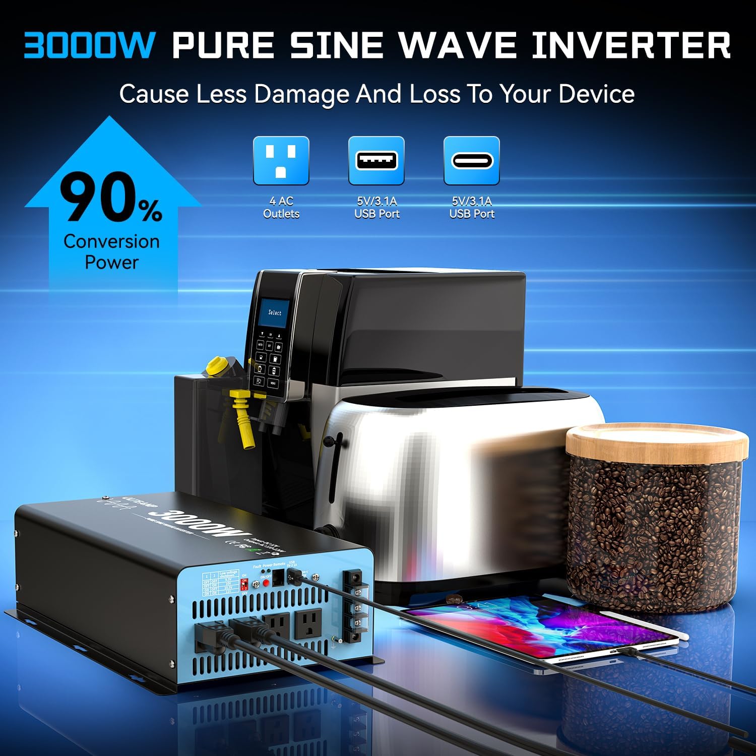 3000 Watts Pure Sine Wave Inverter 12V DC to 110V AC, 6000W Peak Power, 4 AC Outlets, USB & 30W Type-C, Adjustable Input for Lithium Battery, RV/Truck/Boat/Solar Backup with LCD Remote Controller