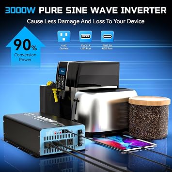 3000W Pure Sine Wave Inverter 12V DC to 110V AC with LCD Remote,6000W Peak