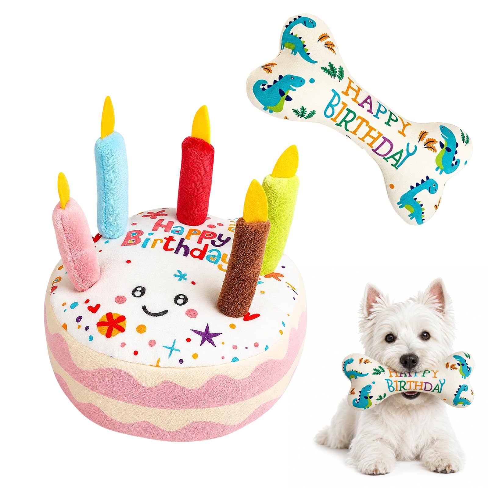 WORUIB Dog Birthday Cake Toy Set, Pink Cake and Navy Bone Plush, Interactive Play for Small Dogs, Gift for Pet Celebrations, Indoor and Outdoor Entertainment, Durable Materials