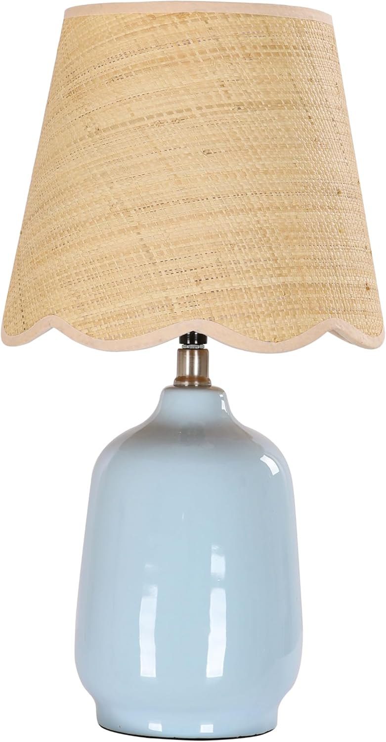Pia Ricco 19" Modern Ceramic Table Lamp for Living Room Light Bule Base Desk Lamps for Bedroom Farmhouse Bedside Nightstand Lamp End Table Lamps,Bule,Rattan Shade
