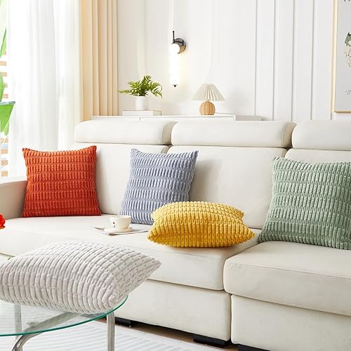 Miniatura 6 de Sunday Praise Paquete de 2 fundas de almohada decorativas de pana de 18 x 18 pulgadas, fundas de almohada cuadradas de rayas bohemias suaves para