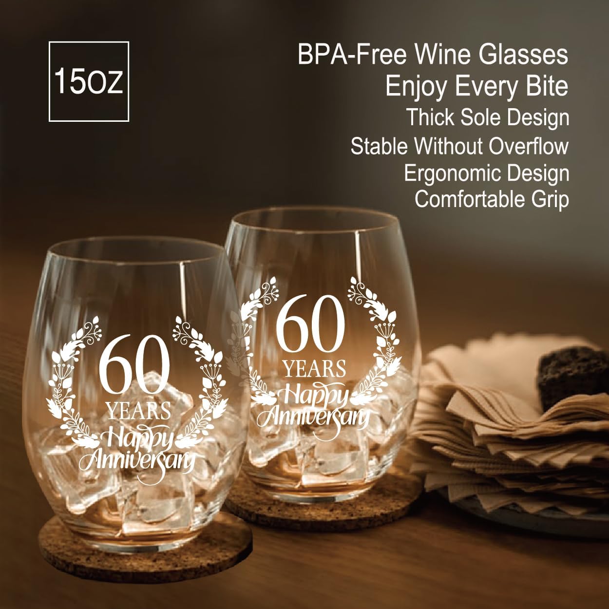 Perfectinsoy 60 Years Happy Anniversary Wine Glass Set of 2, 60th Anniversary Wedding Gift For Mom, Dad, Wife, Soulmate, Couple, Funny Vintage Unique Personalized, 60 Years Gifts, Wedding Gifts - Image 4