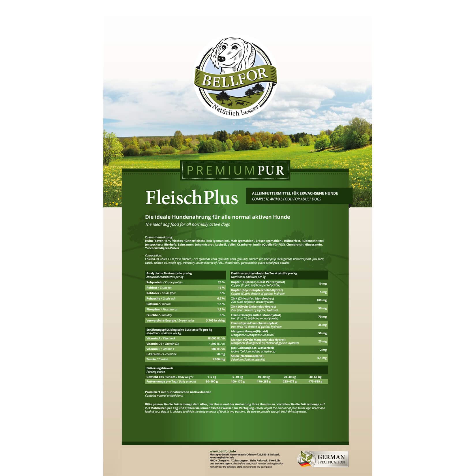 Bellfor Premium PUR FleischPlus Hundefutter 2,5 kg. Glutenfreies  Hundetrockenfutter mit Huhn, mit hohem Fleischanteil, Monoprotein, ideal  fr normal aktive Hunde.Trockenfutter fr ausgewachsene Hunde : Amazon.de:  Haustier