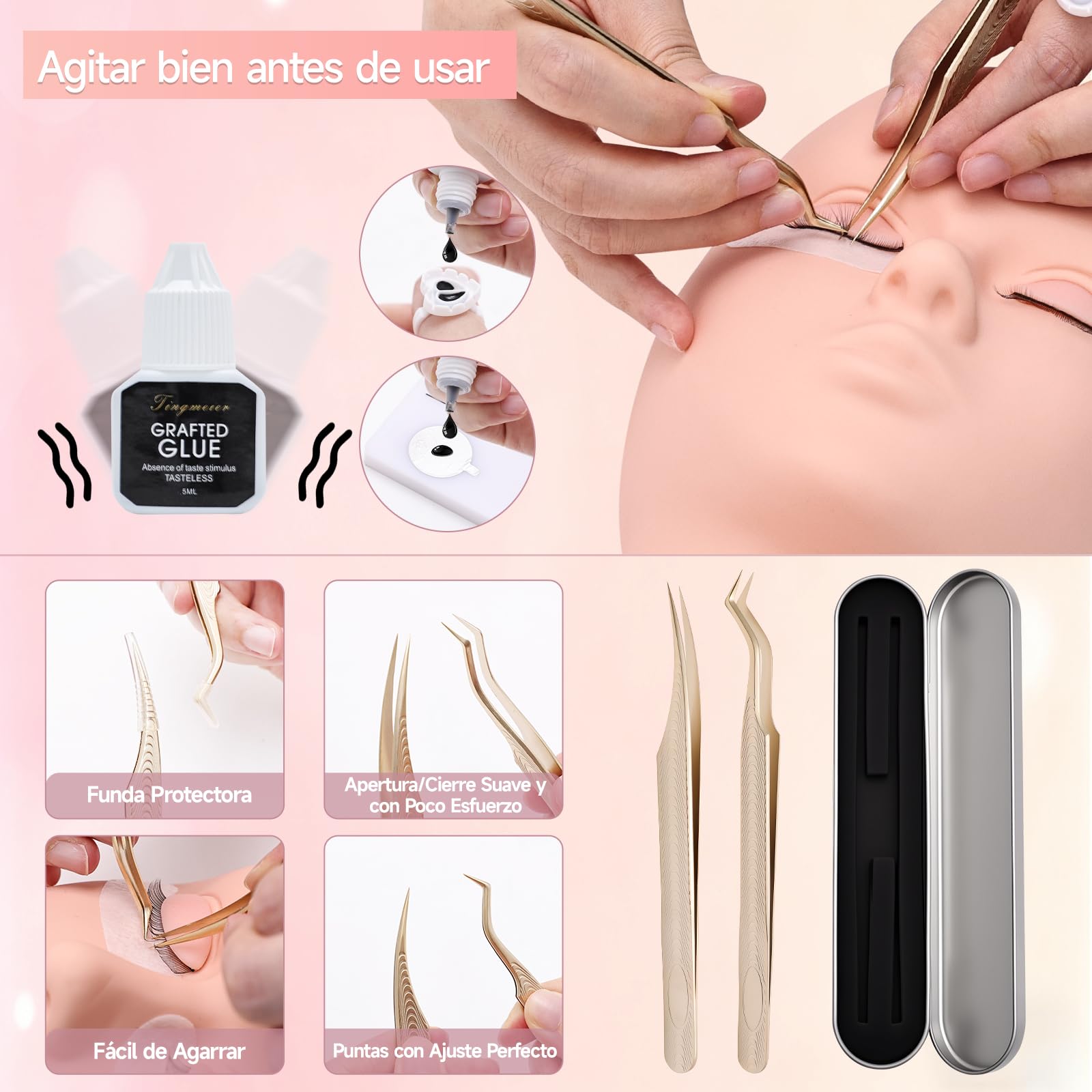 TwoWin Kit Extensiones de Pestañas, Kit de Pestañas para Principiantes | Maniquí Pestañas para Practicar con 4 Pares de Párpados Extraíbles, Ventilador USB, Pinzas